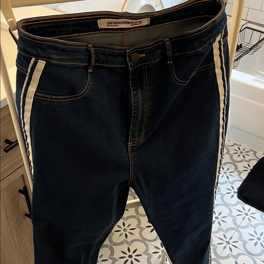 Zara Dark Blue Skinny Jeans with White Stripe